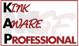 Logo which says Kink Aware Professional in black and red text, with a pale background image of NCSF behind it