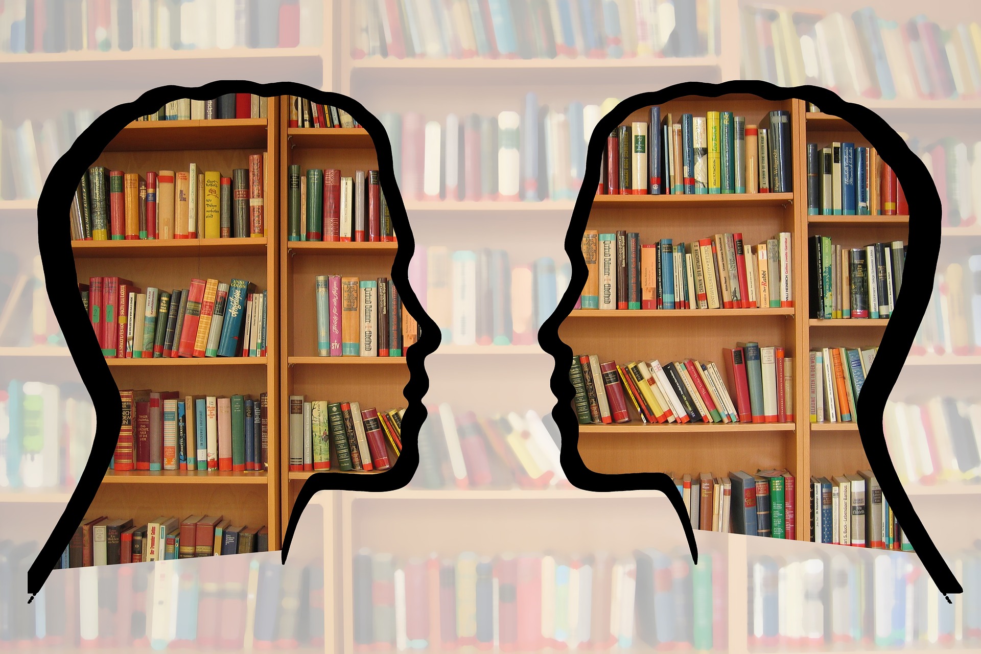Bookshelves in the shape of two heads facing one another